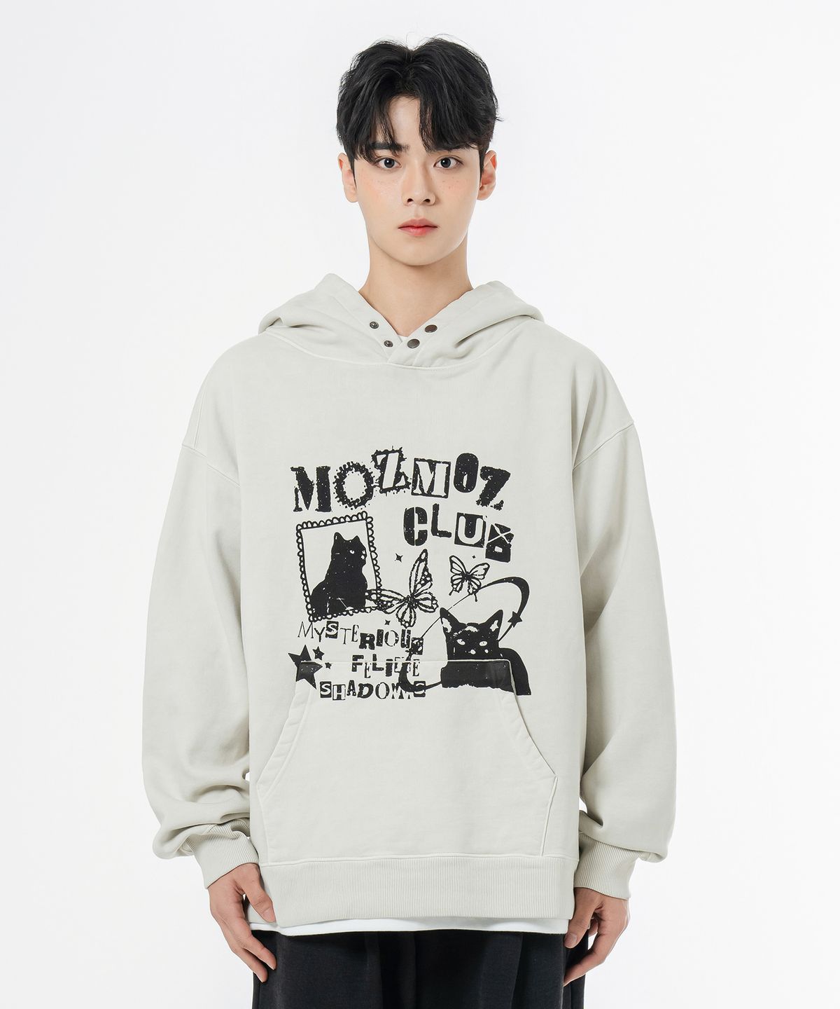 모즈모즈(MOZMOZ) 테리 기모 피그먼트 미스터리캣 오버핏 후드 베이지