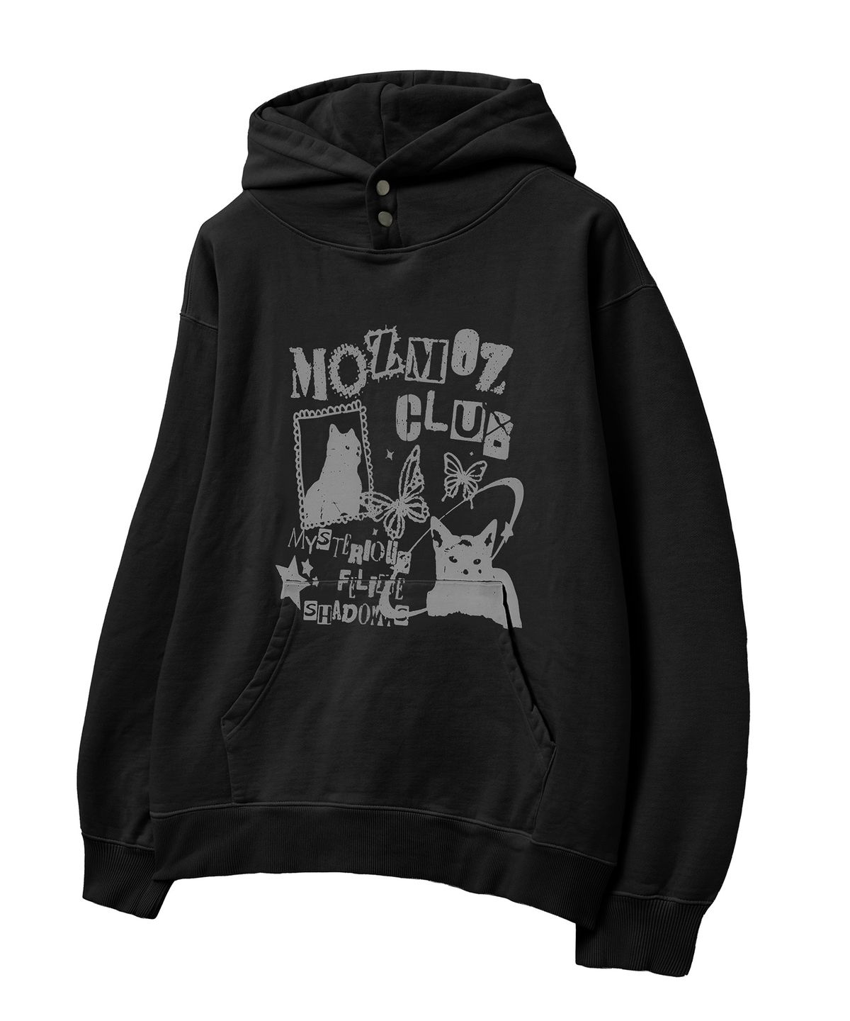 모즈모즈(MOZMOZ) 테리 기모 피그먼트 미스터리캣 오버핏 후드 블랙
