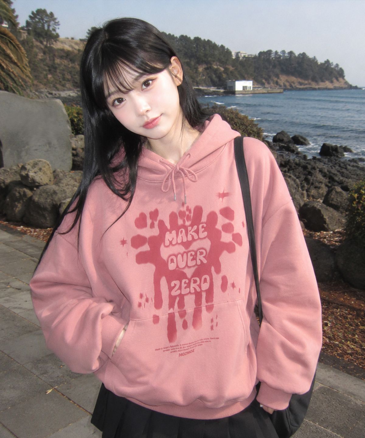 모즈모즈(MOZMOZ) 소프트 쭈리 모즈 러브 오버핏 후드 핑크