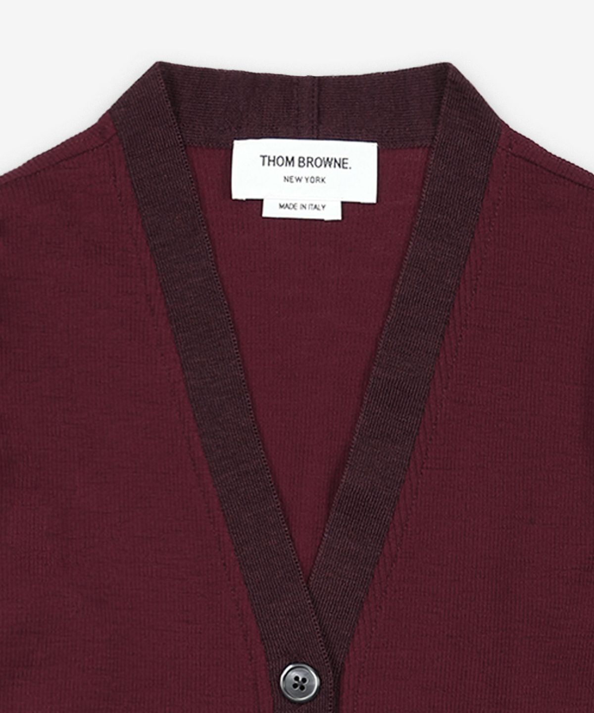 톰 브라운(THOM BROWNE) 브이넥 콘트라스트 가디건 - 버건디 / FJT362AJ0092615
