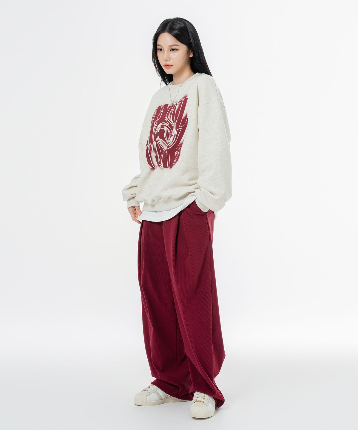 모즈모즈(MOZMOZ) 컬러풀 코듀로이 스트링 와이드 팬츠 버건디