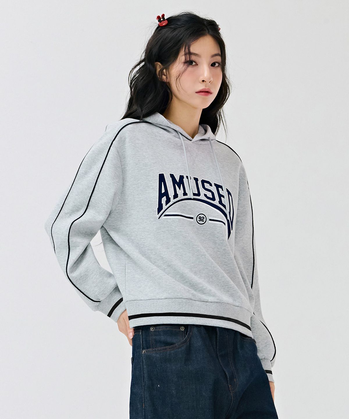 체이스컬트(CHASECULT) 여성 파이핑 장식 후드 티셔츠-그레이