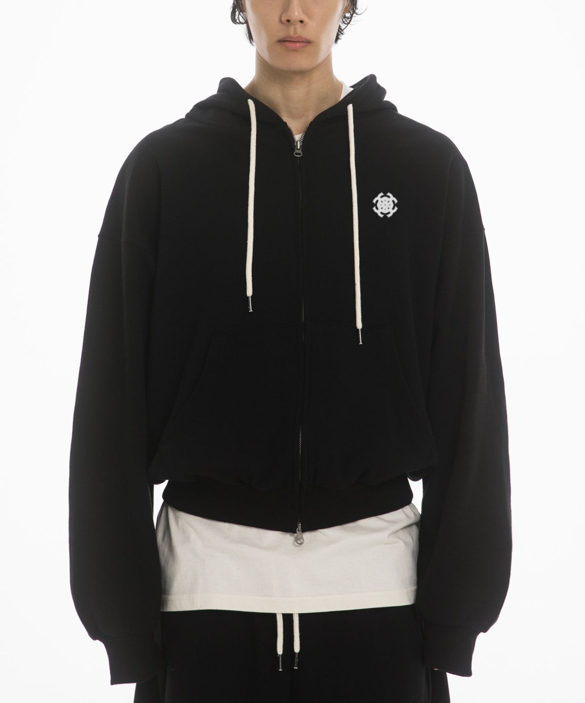 팬쇼(FANSHOW) SYMBOL OVER FIT DOUBLE JERSEY HOODED ZIPUP - BLACK