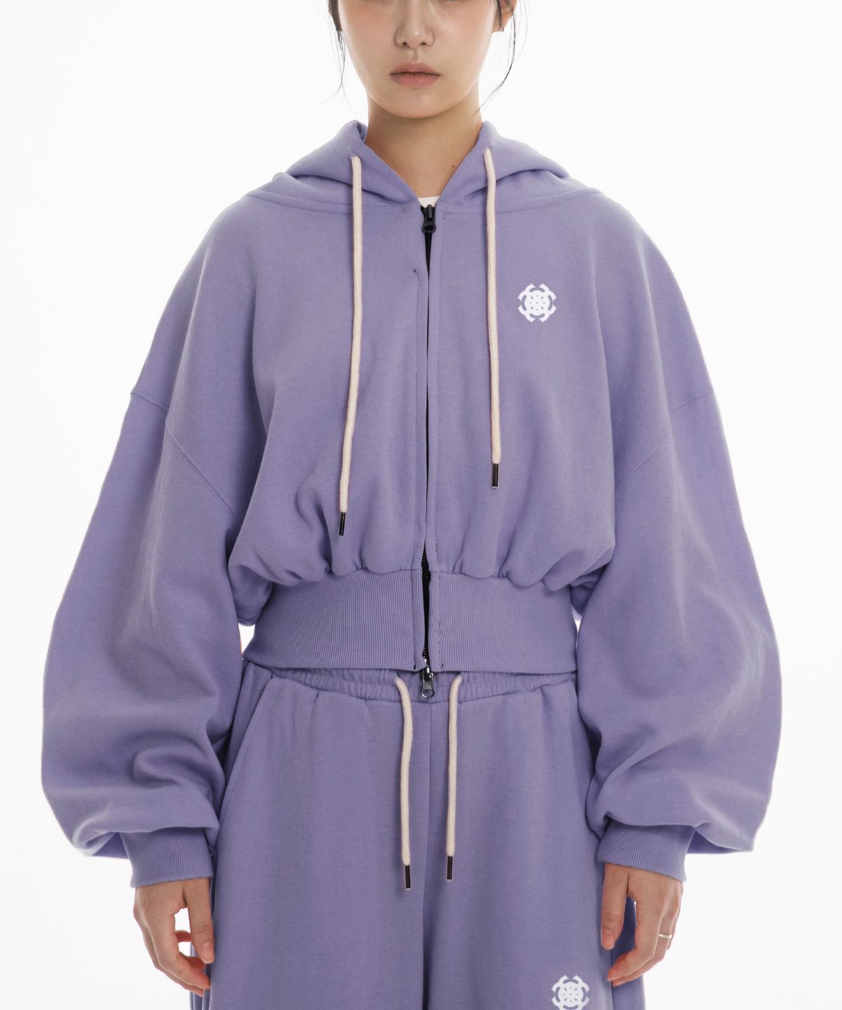 팬쇼(FANSHOW) SYMBOL CROP DOUBLE JERSEY HOODED ZIPUP - PURPLE