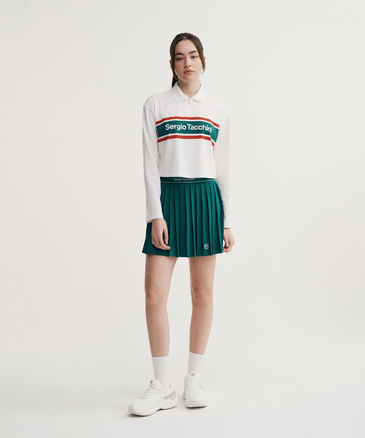 세르지오 타키니(SERGIO TACCHINI) W 플래그 긴팔 크롭 폴로 셔츠 (White)