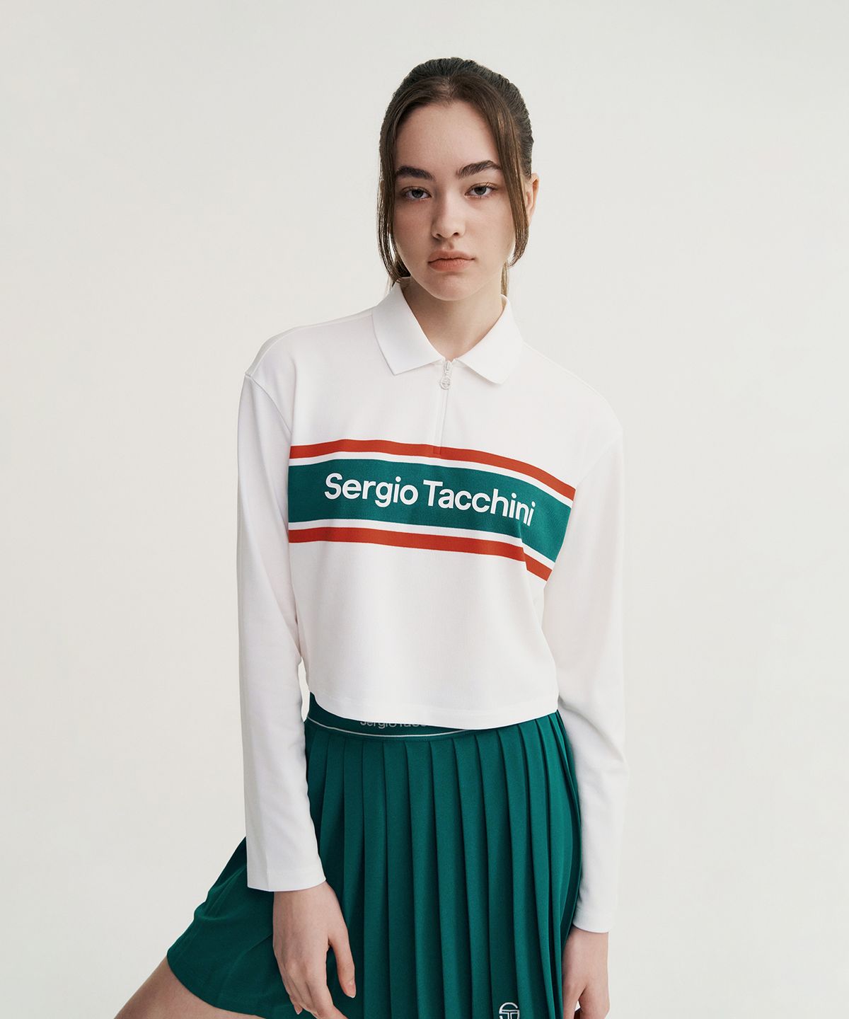 세르지오 타키니(SERGIO TACCHINI) W 플래그 긴팔 크롭 폴로 셔츠 (White)