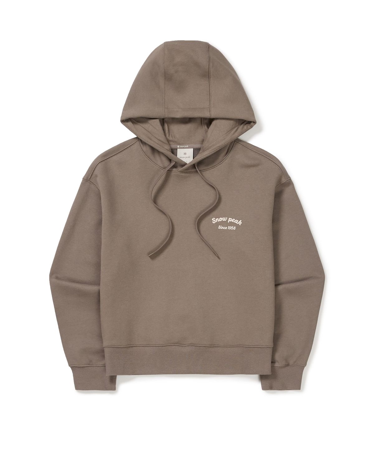 스노우피크 어패럴(SNOWPEAK APPAREL) 여성 레터링 세미 크롭 후드 티셔츠 (S24FWFHD63) Cocoa