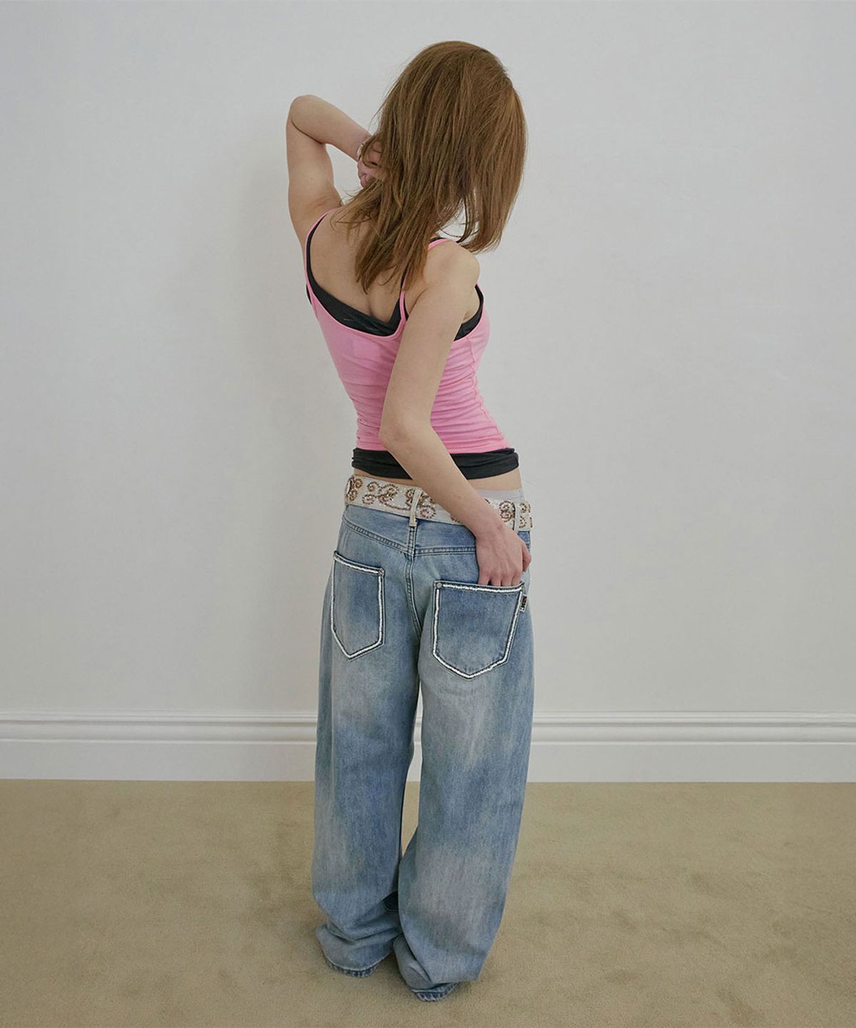 스컬프터(SCULPTOR) Beaded Waist Denim Pants Mid Blue