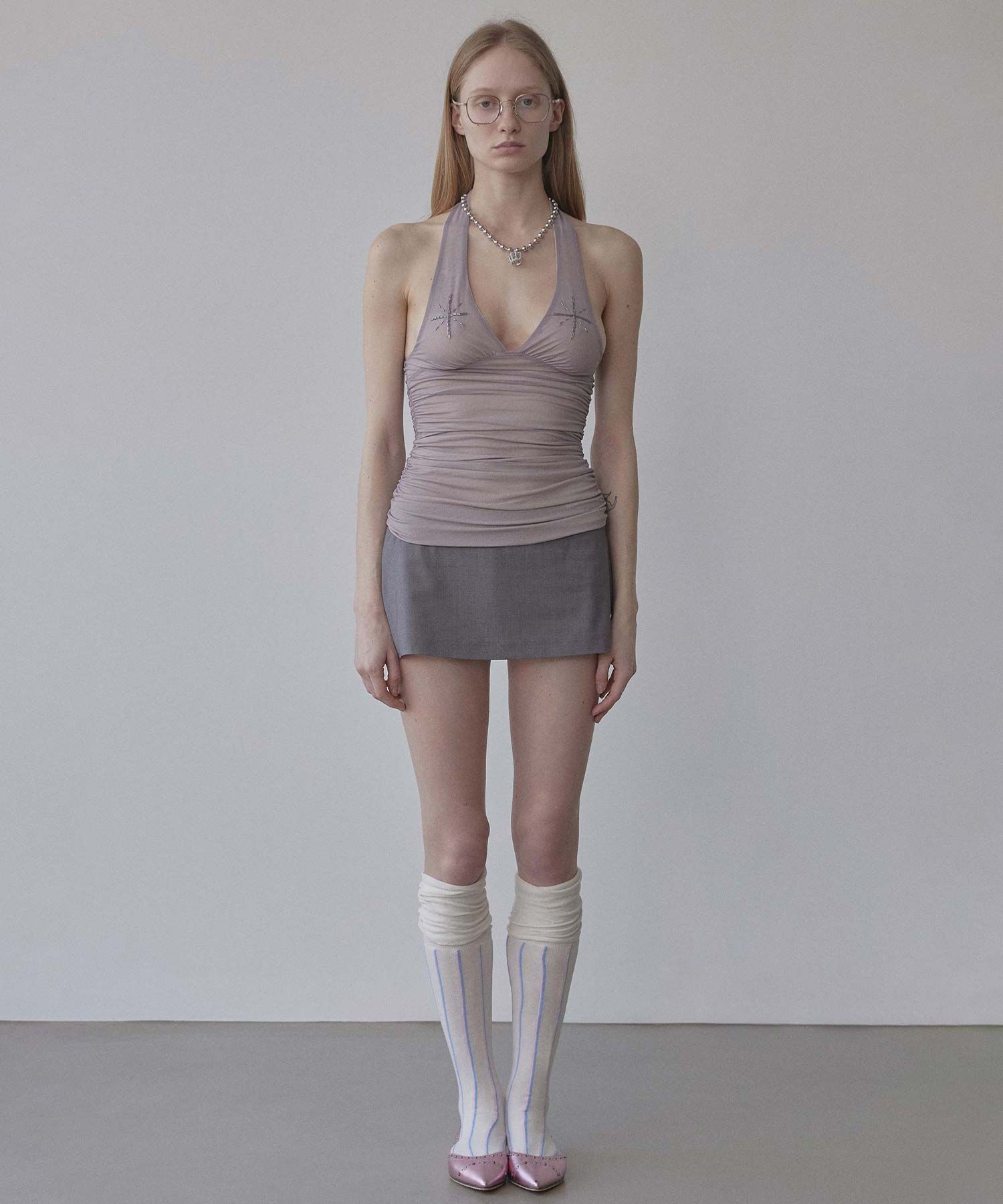Tシャツ・カットソー [SCULPTOR] Beaded Mesh Halter Top Pale Purple SC24A214PU MUSINSA | SCULPTOR Beaded Mesh Halter Top Pale Purple