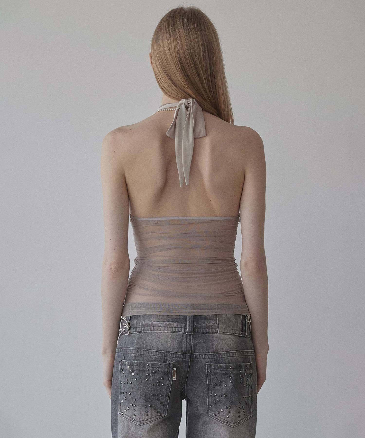 MUSINSA | SCULPTOR Beaded Mesh Halter Top Skin