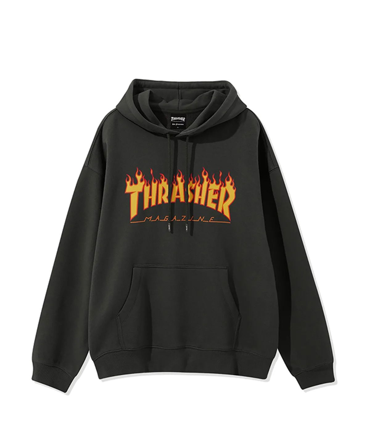 트레셔(THRASHER) 플레임 로고 후디 차콜/레드
