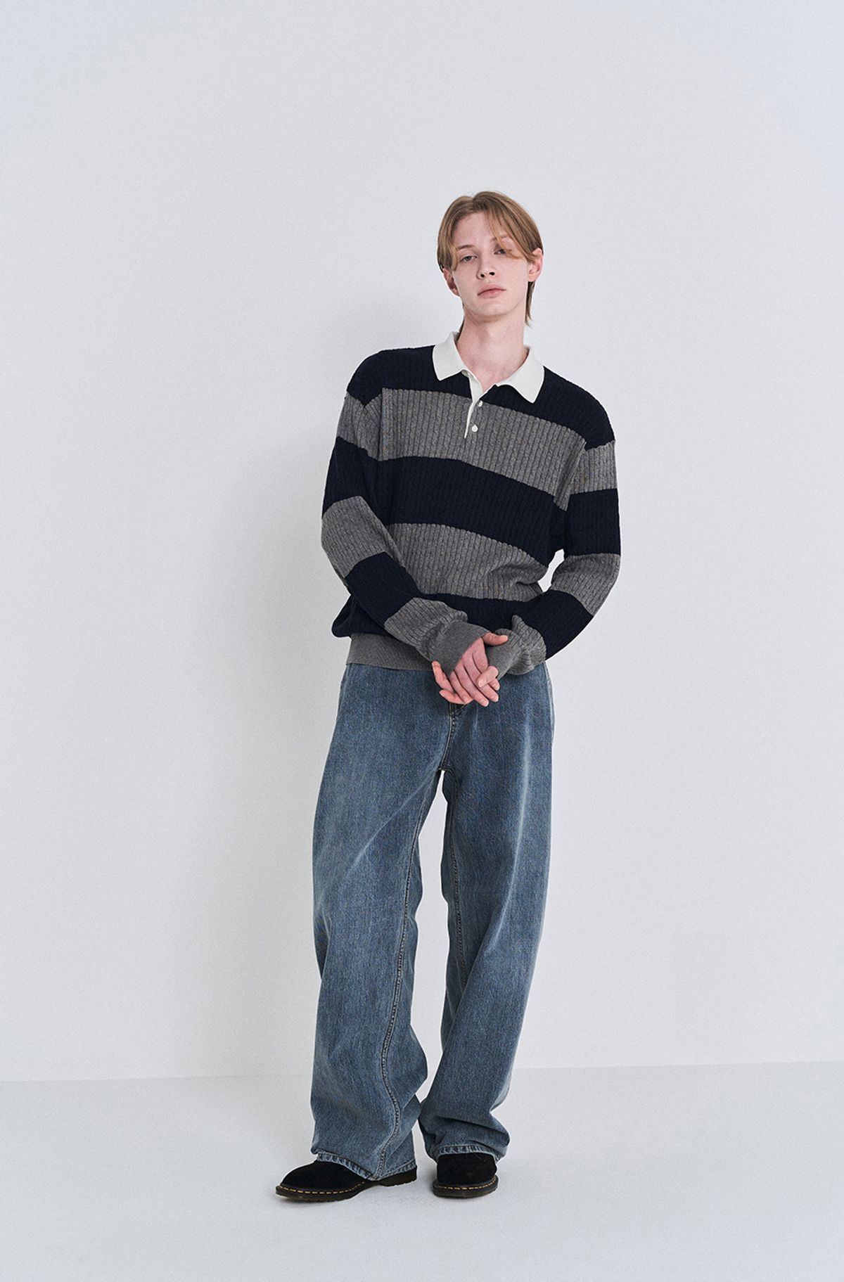 포커페이스(POKERFACE) CABLE RUGBY KNIT GREY/NAVY