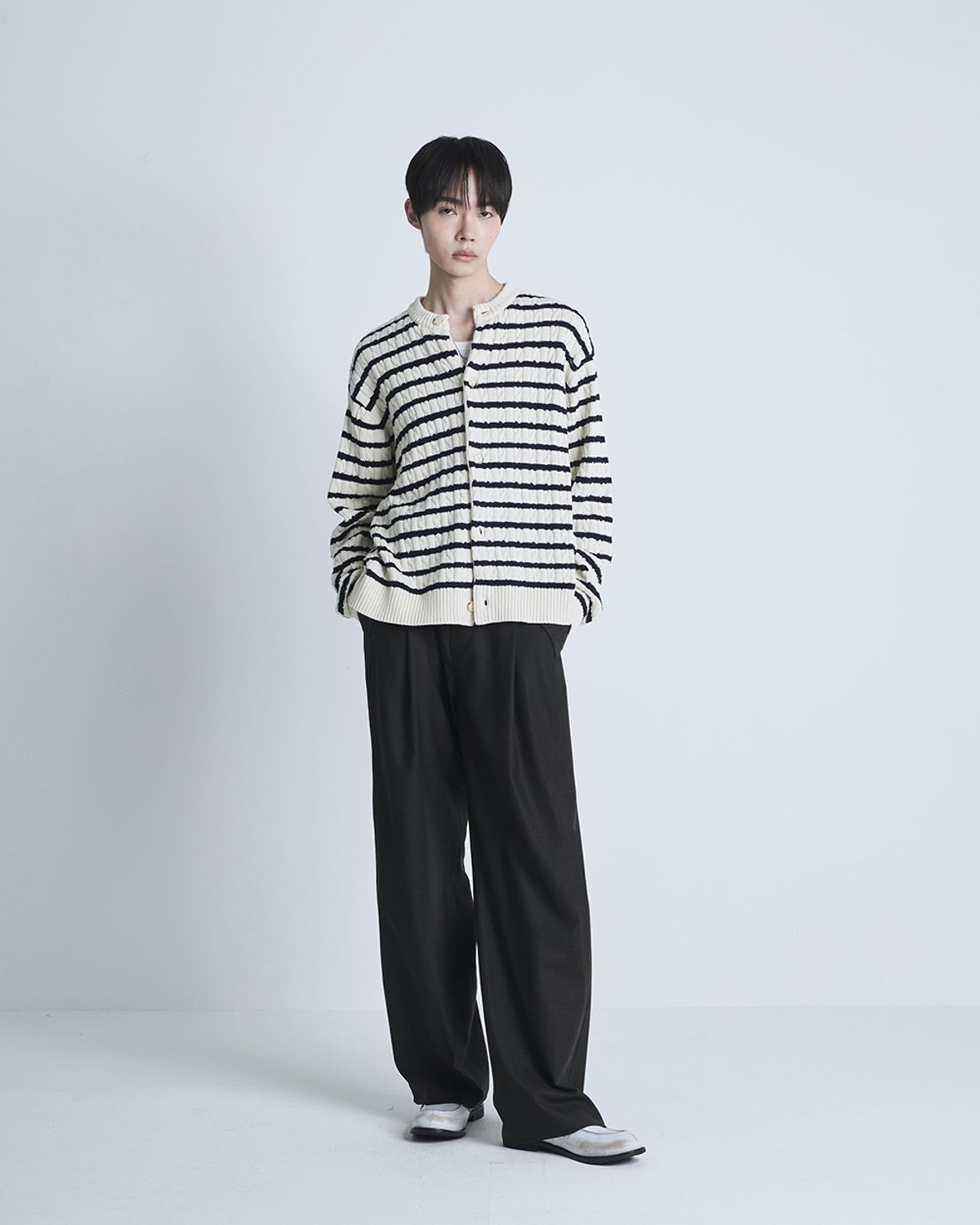 포커페이스(POKERFACE) CABLE STRIPE CARDIGAN IVORY