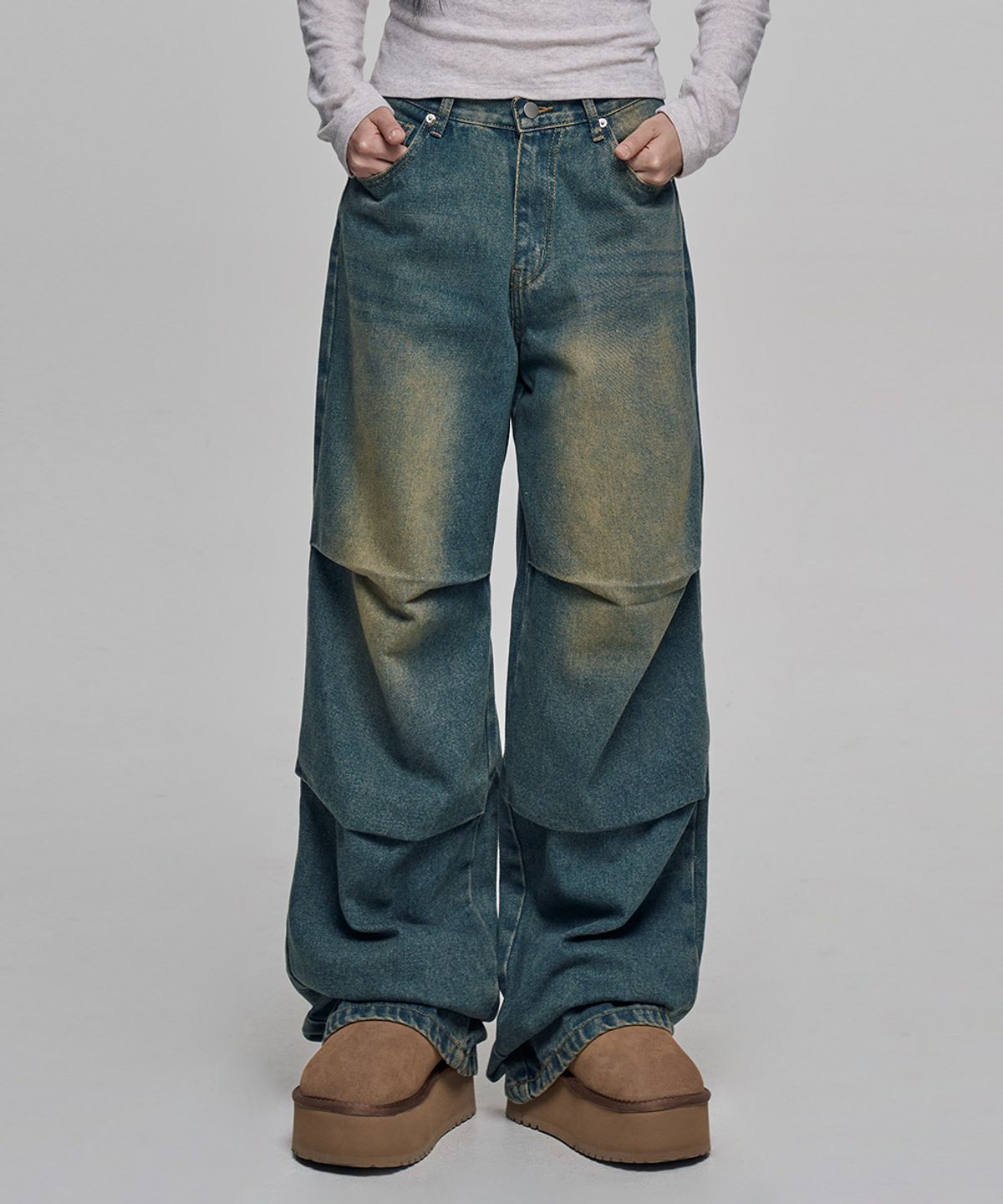 칙스(CHICKS) 칭크 와이드 벌룬 데님 팬츠 Medium denim