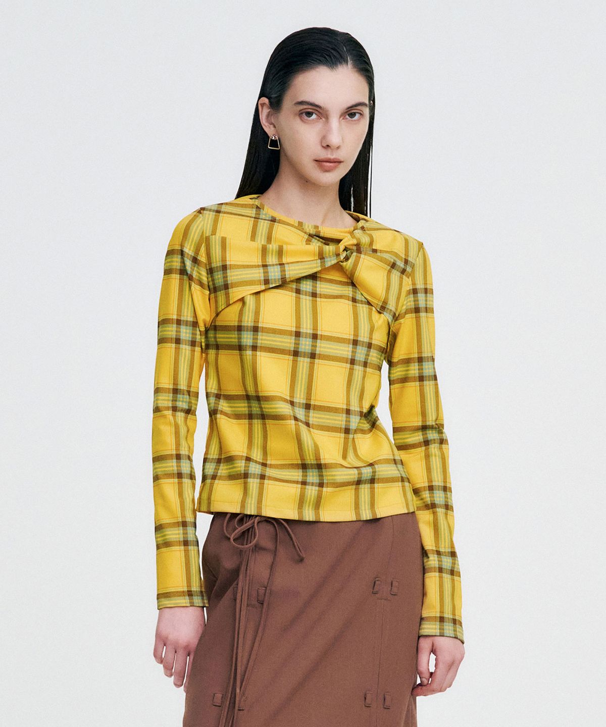킴지수(KIMZISU) Twisted Check High-neck Top _ YELLOW