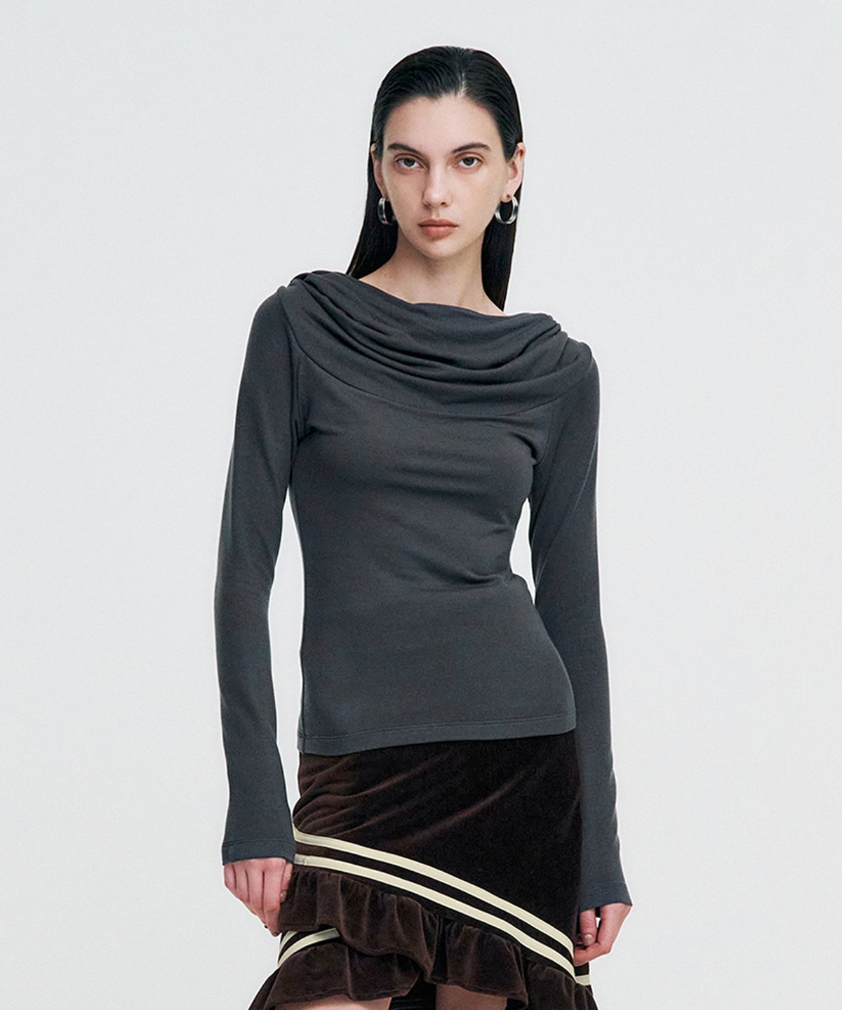 킴지수(KIMZISU) Cowl Neck Soft Slim Hoodie _ CHARCOAL
