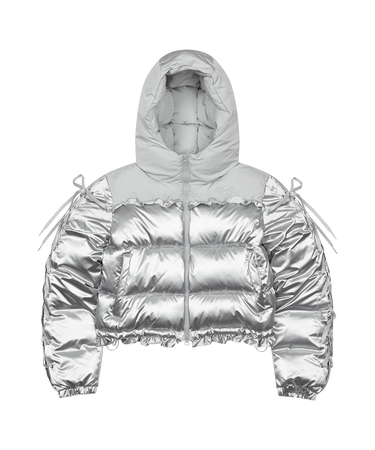 MUSINSA | LUV IS TRUE AM RIBBON FRILL PUFFER JACKET(SILVER)