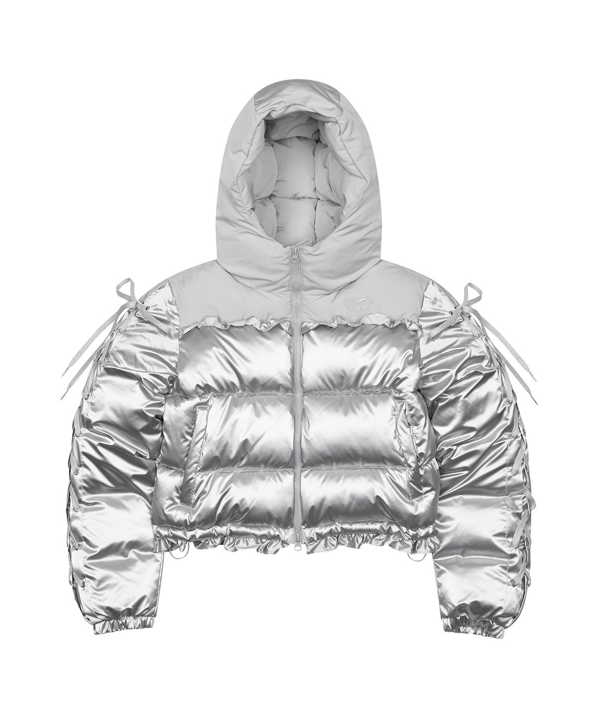 러브이즈트루(LUVISTRUE) AM RIBBON FRILL PUFFER JACKET(SILVER)