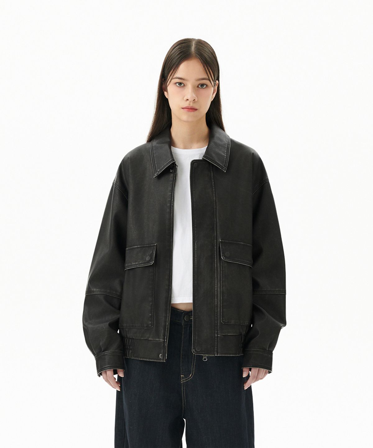 마하그리드(MAHAGRID) WASHED FAUX LEATHER BLOUSON BLACK(MG2EFMB940A)