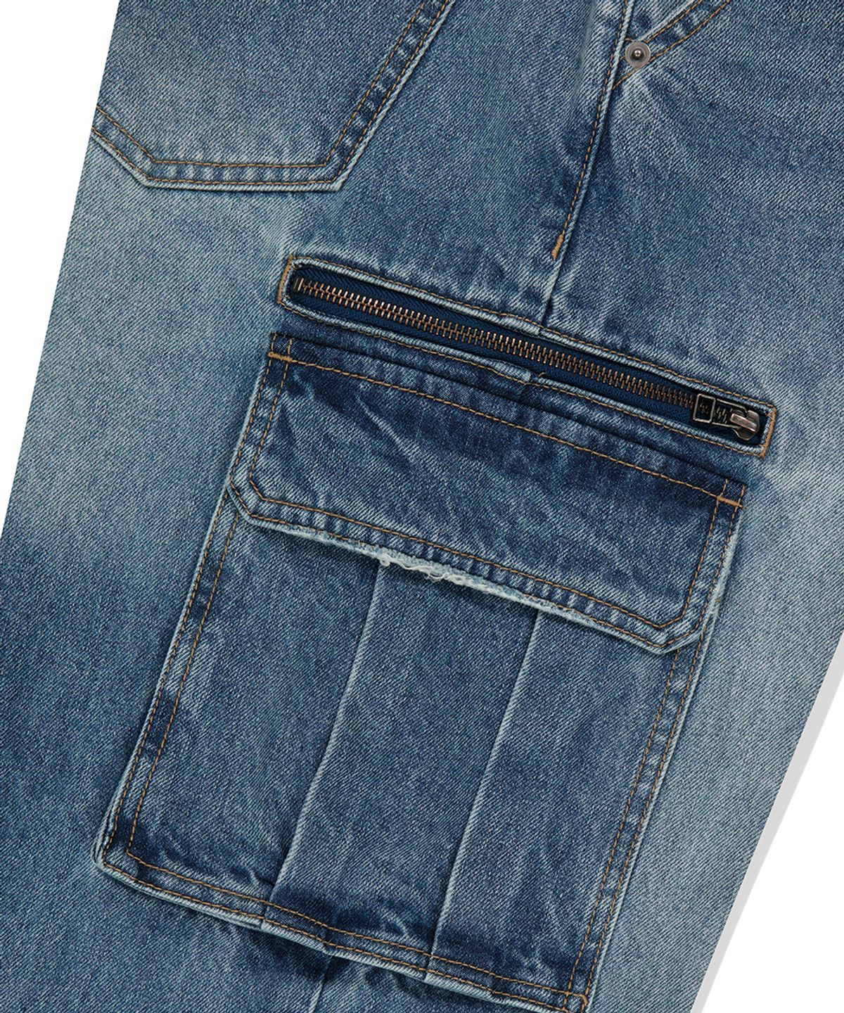 마하그리드(MAHAGRID) WASHED ZIP CARGO DENIM PANT BLUE(MG2EFMD110A)