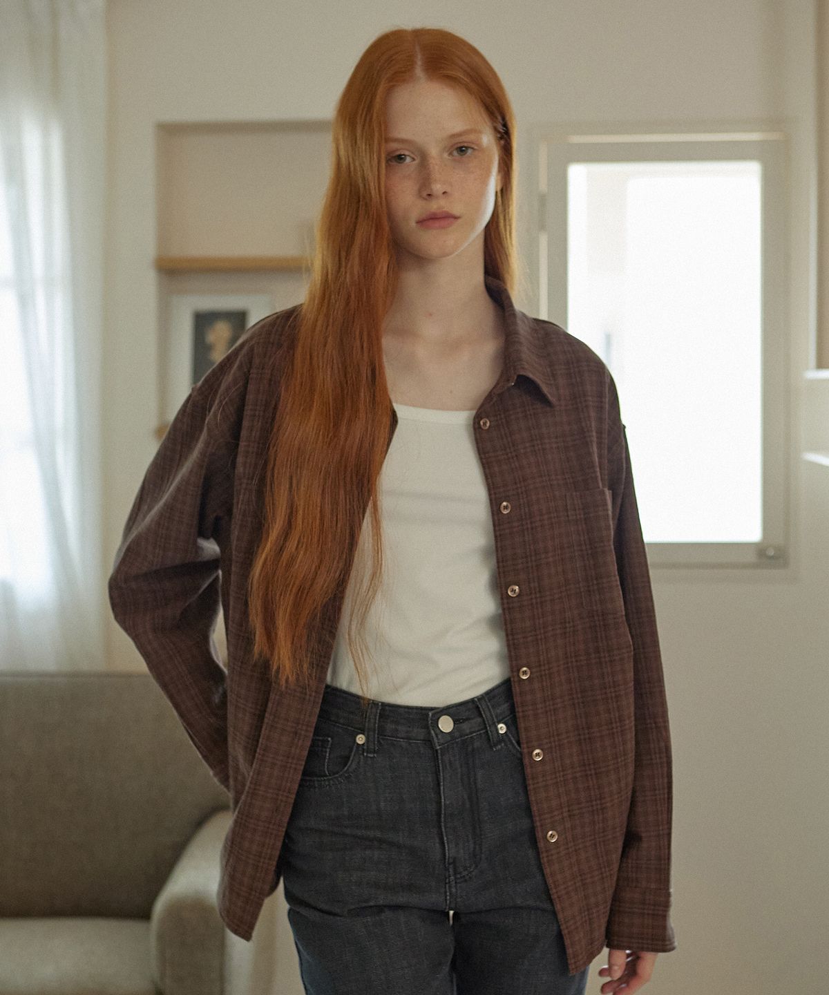 엽페(YUPPE) COTTON CHECK SHIRT_BROWN