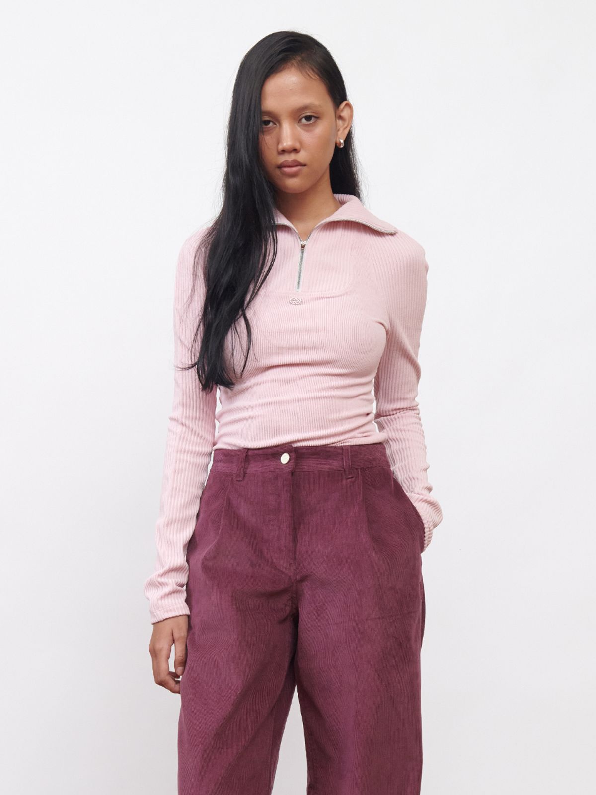기준(KIJUN) Corduroy Half Zip-Up Top Pink