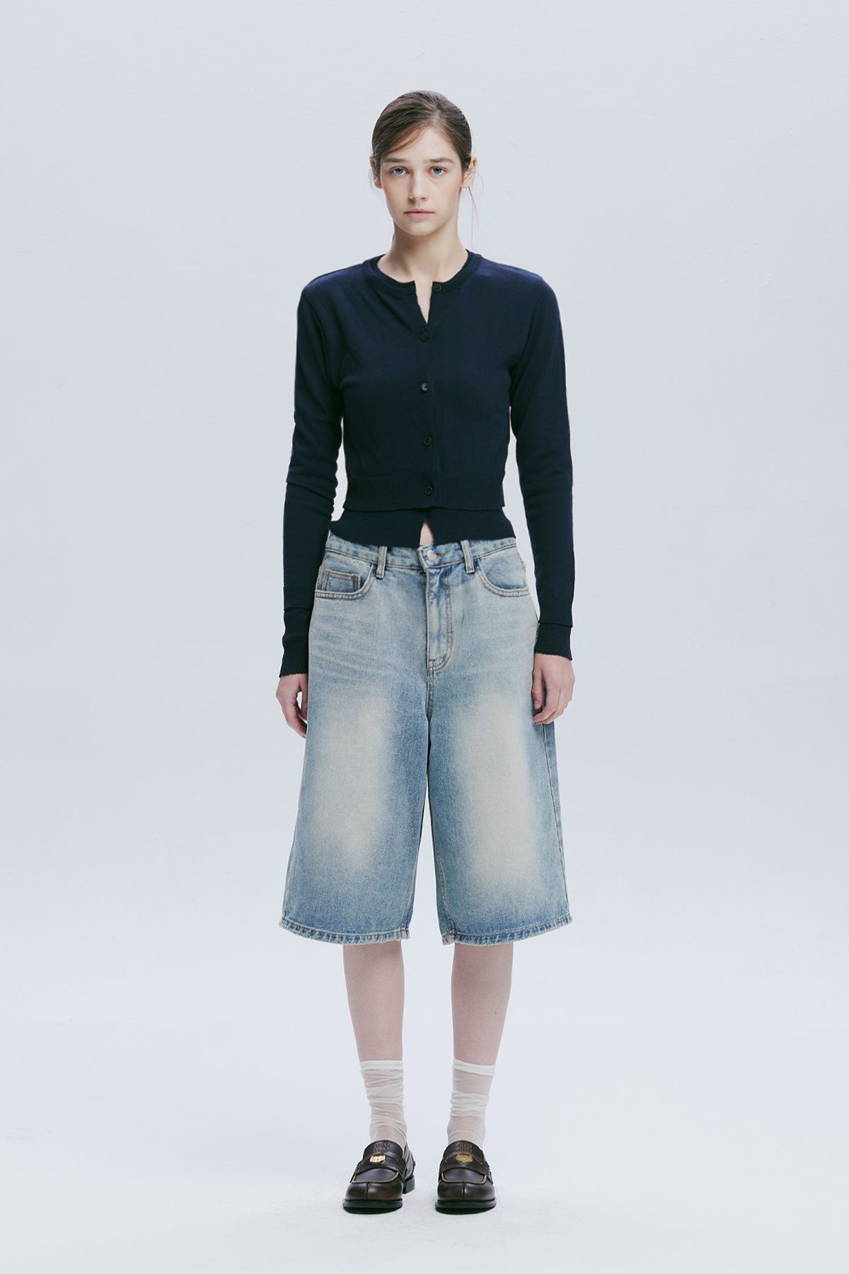 애프터아워즈(AFTERHOURS) DOUBLE LAYERED KNIT CARDIGAN (NAVY)