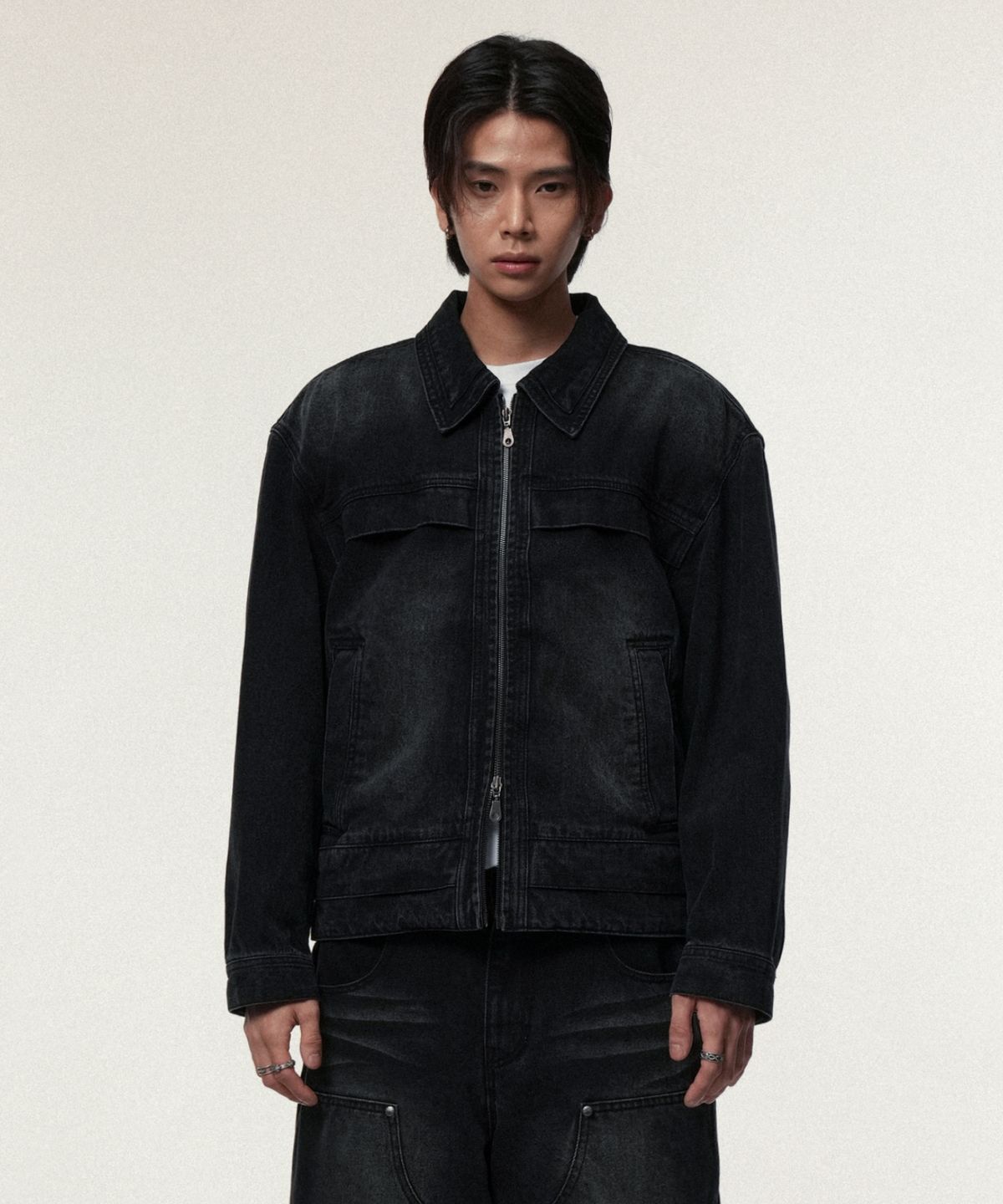 아이돈워너셀(IDWS) Overlap Denim Zip Up Jacket Black