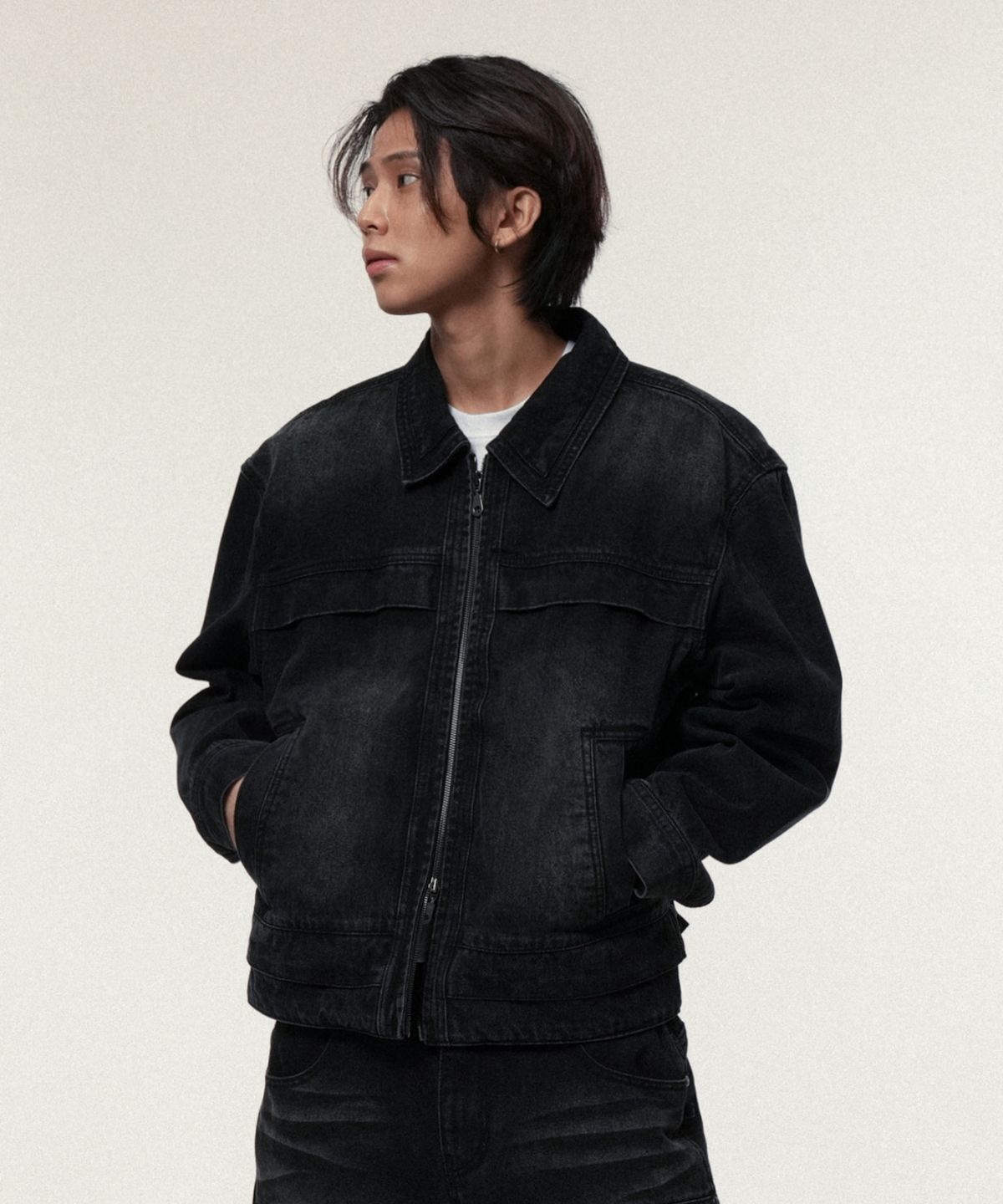 아이돈워너셀(IDWS) Overlap Denim Zip Up Jacket Black
