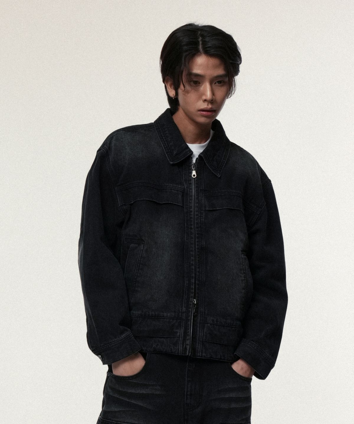 아이돈워너셀(IDWS) Overlap Denim Zip Up Jacket Black
