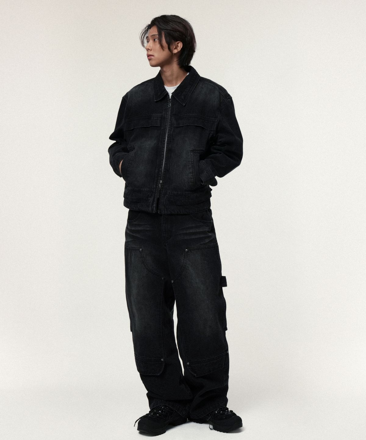 아이돈워너셀(IDWS) Overlap Denim Zip Up Jacket Black