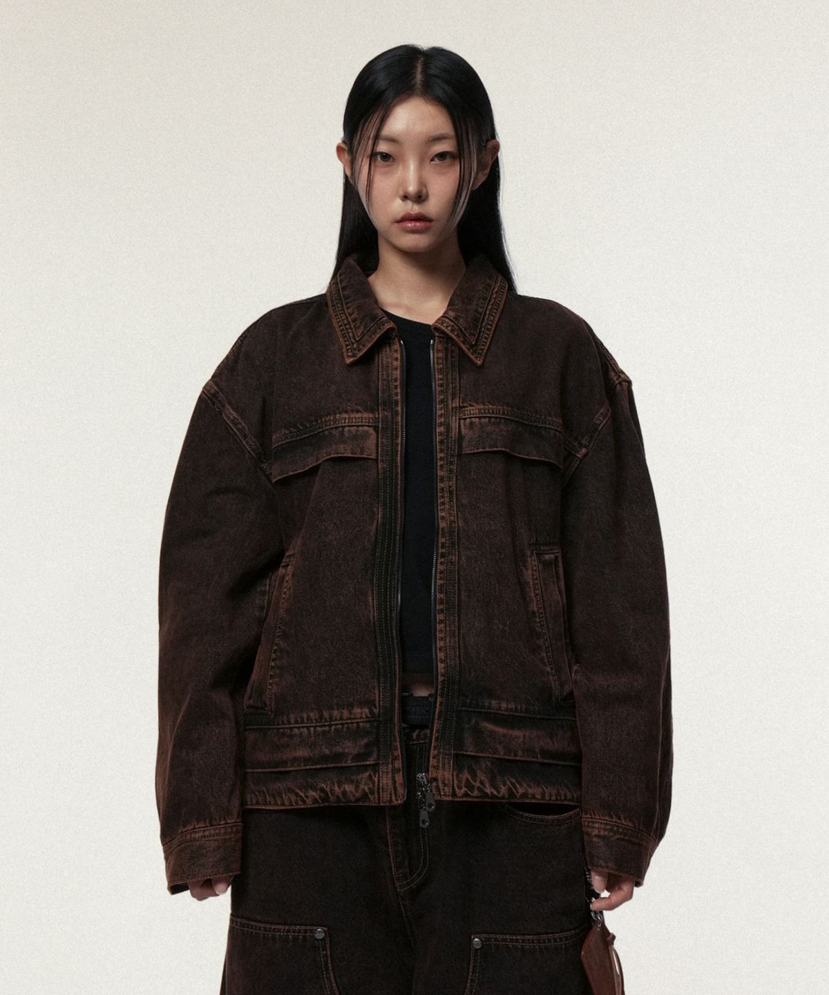 아이돈워너셀(IDWS) Overlap Denim Zip Up Jacket Brown