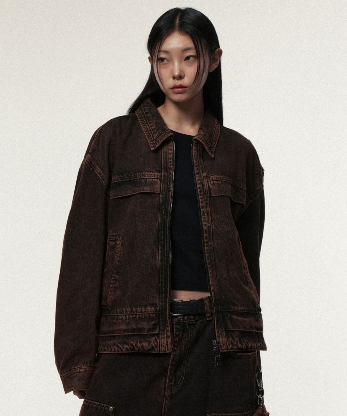 아이돈워너셀(IDWS) Overlap Denim Zip Up Jacket Brown