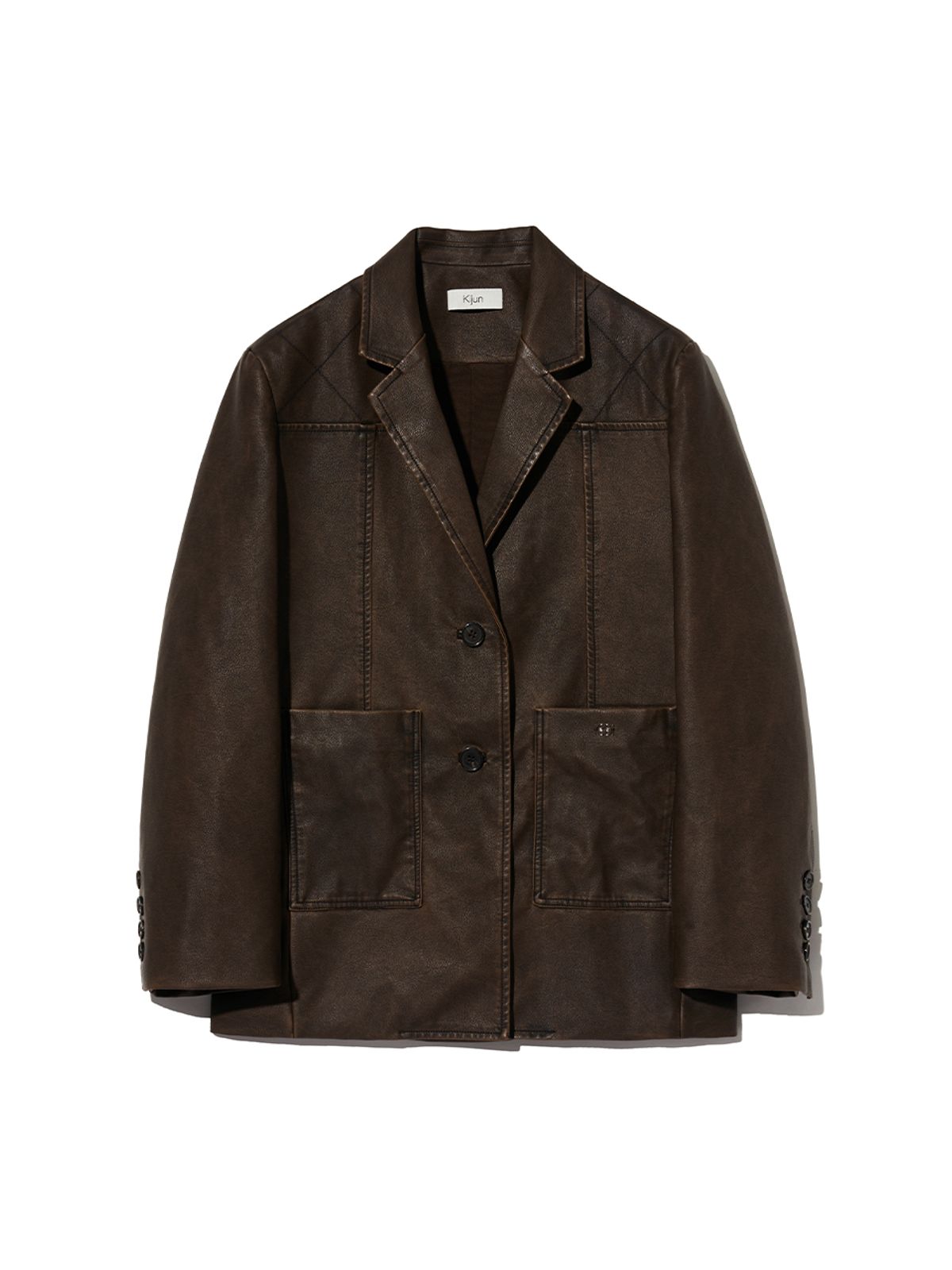 기준(KIJUN) Faux-Leather Stitched Blazer Dark Brown