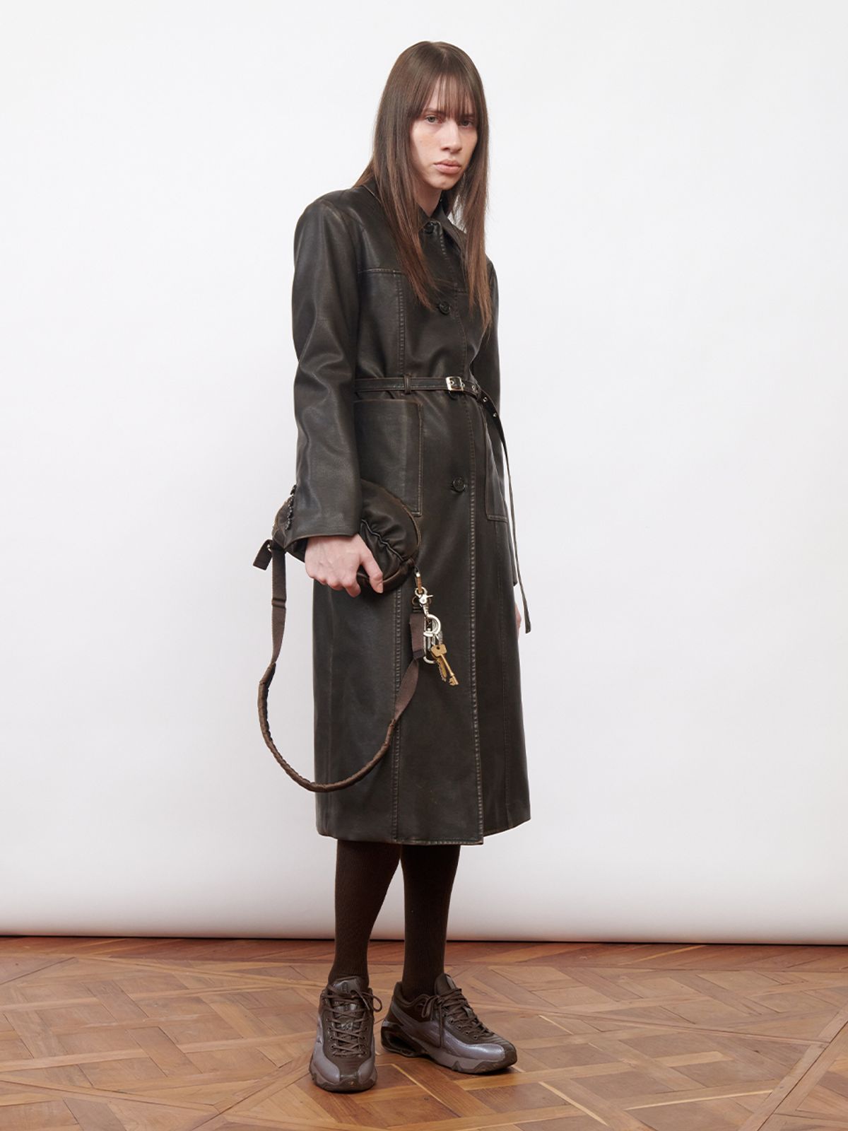 기준(KIJUN) Faux-Leather Stitched Coat Dark Brown