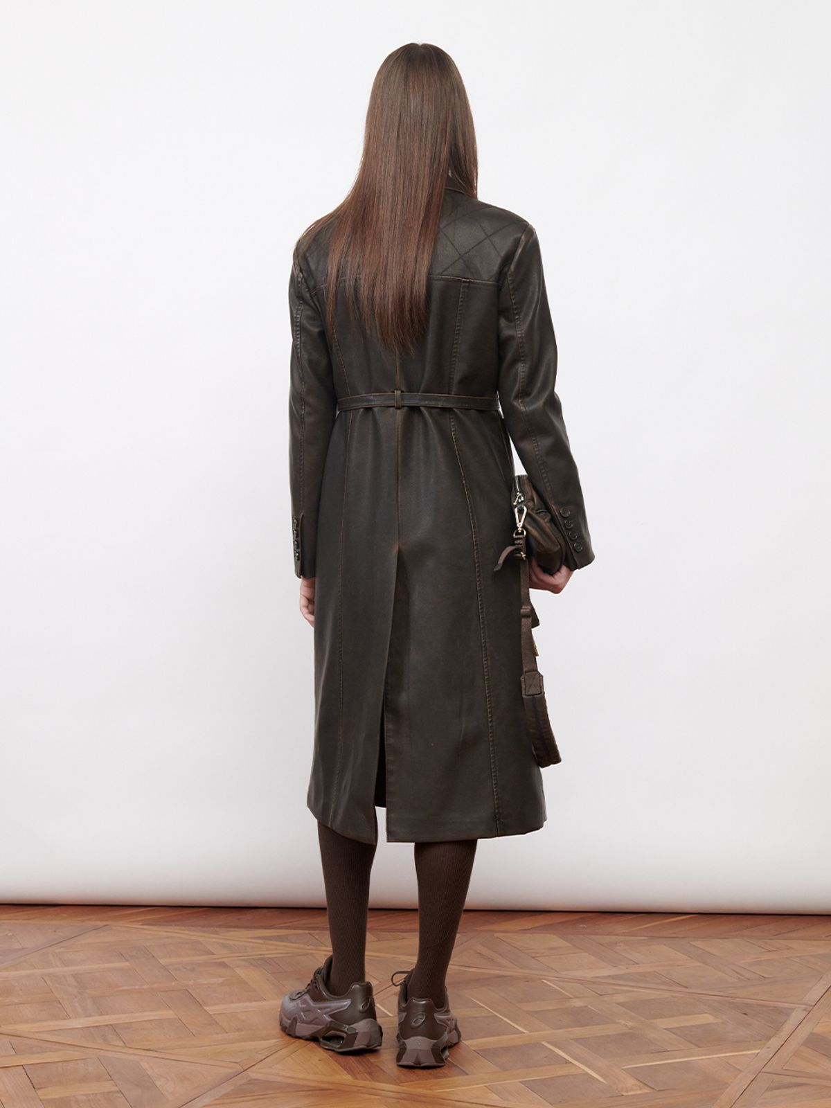 기준(KIJUN) Faux-Leather Stitched Coat Dark Brown