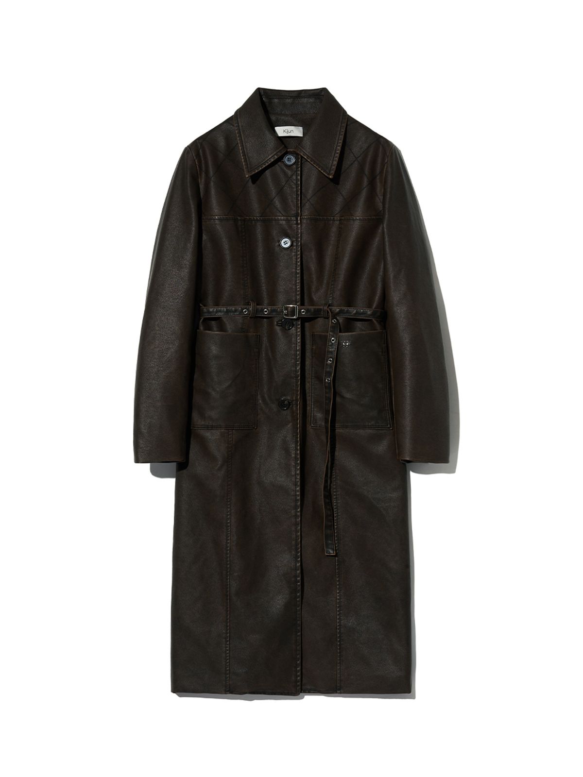기준(KIJUN) Faux-Leather Stitched Coat Dark Brown