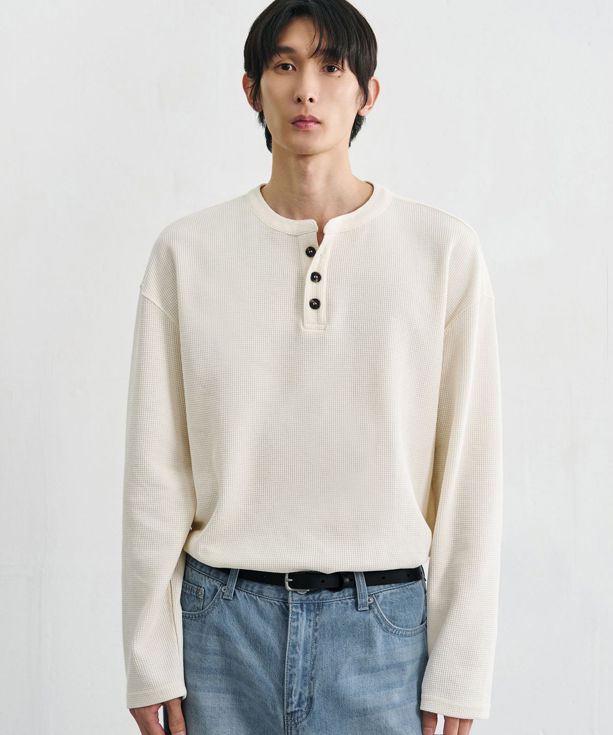 드로우핏(DRAW FIT) 코튼 와플 헨리넥 티셔츠 [IVORY]