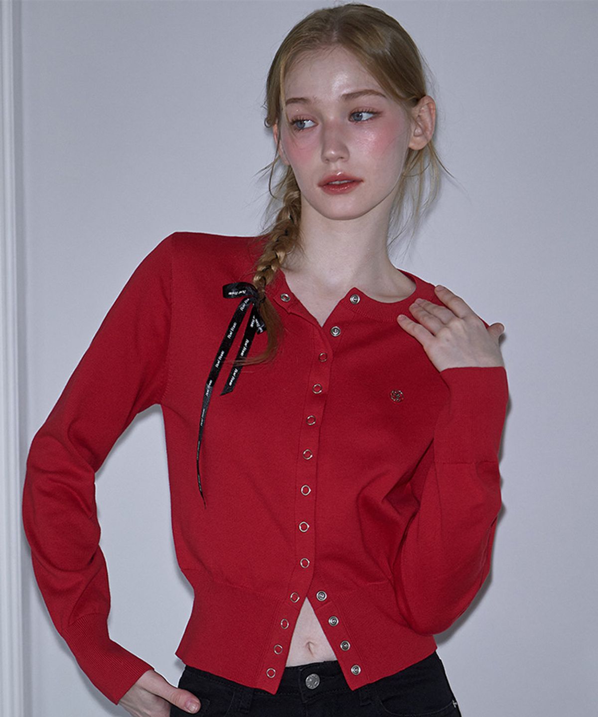 로제프란츠(ROSEFRANTZ) Eyelet Round Cardigan [Rose Red]