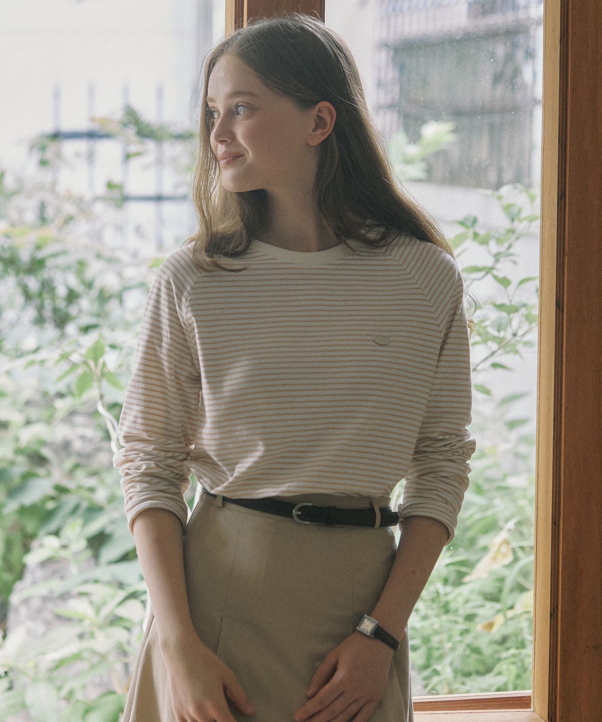 아워호프(OURHOPE) 스트라이프 래글런 티셔츠 - 베이지