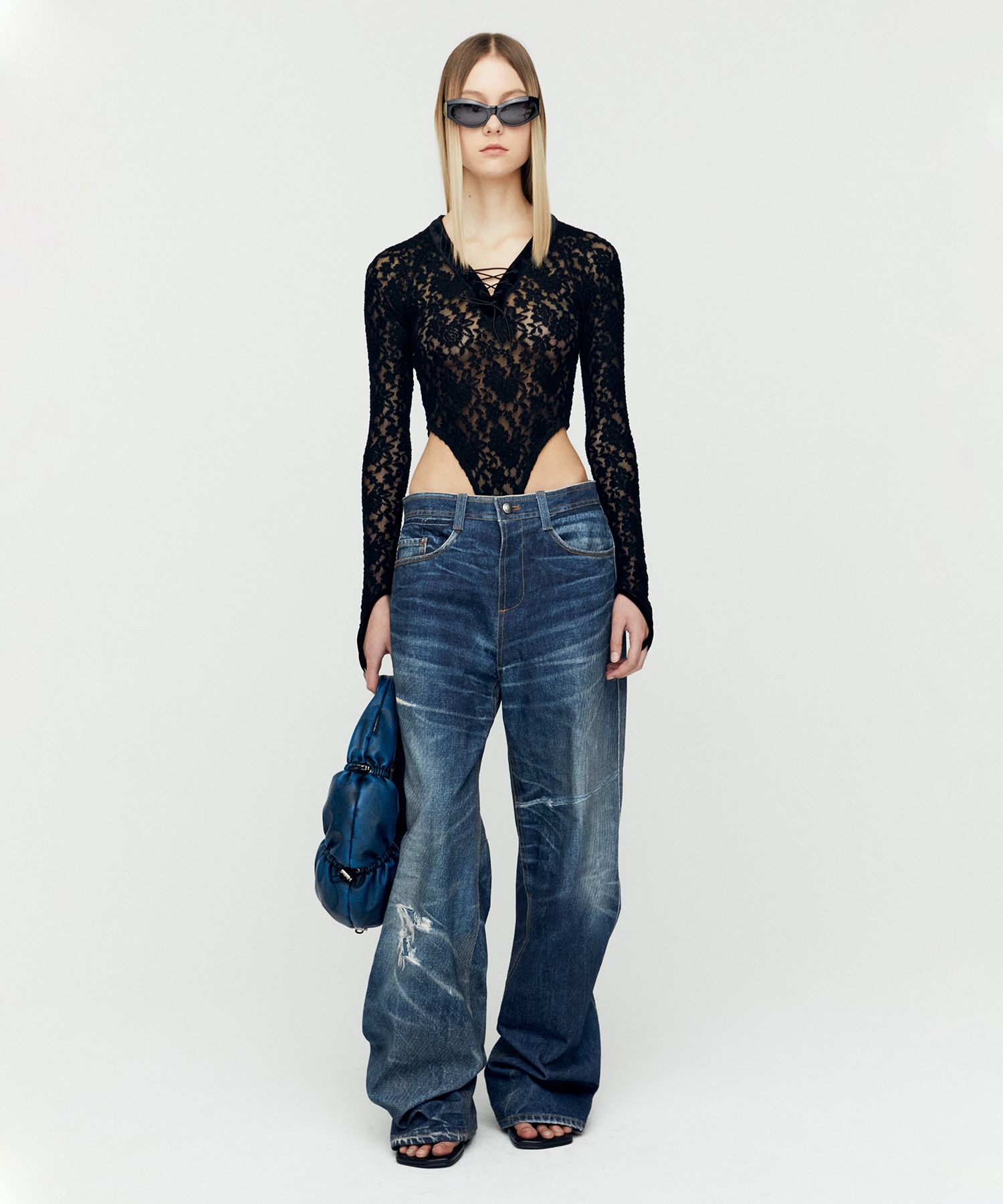 Andersson Bell★DENIM TROMPE L`OEIL LAYERED TYING PANTS 人気 MUSINSA公式 | ANDERSSON BELL Unisex Trompe L'Oeil Printed
