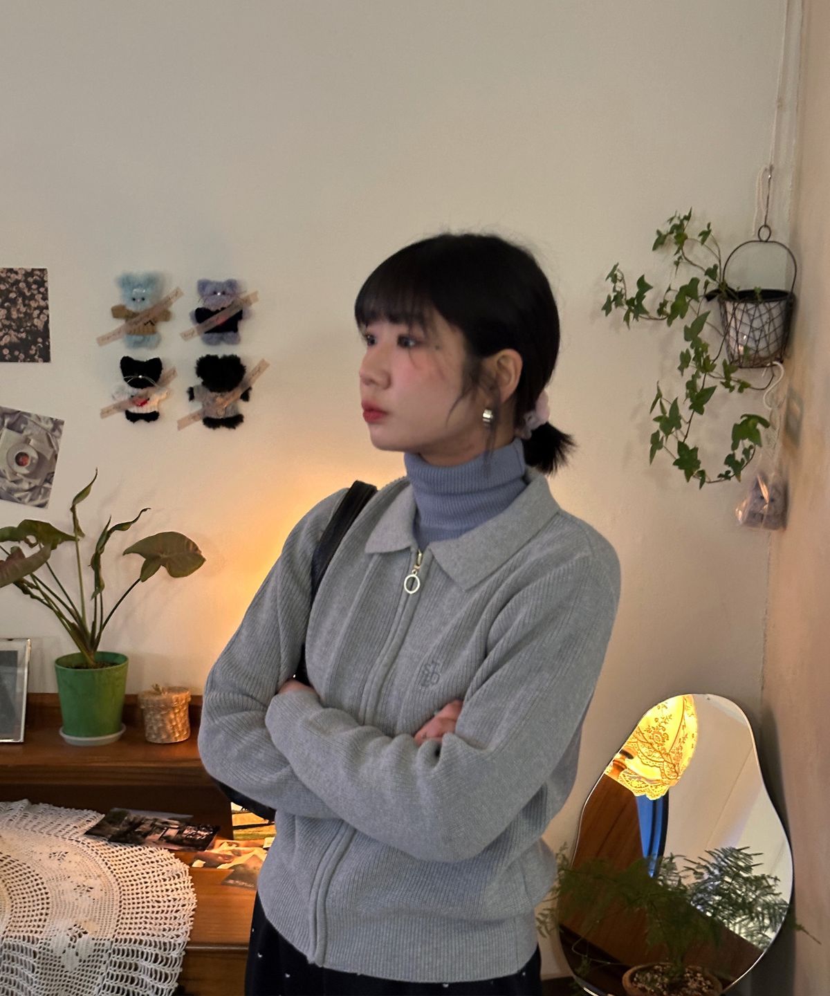 셀리티오(SELITIO) 여성 카라 니트 집업 가디건 그레이