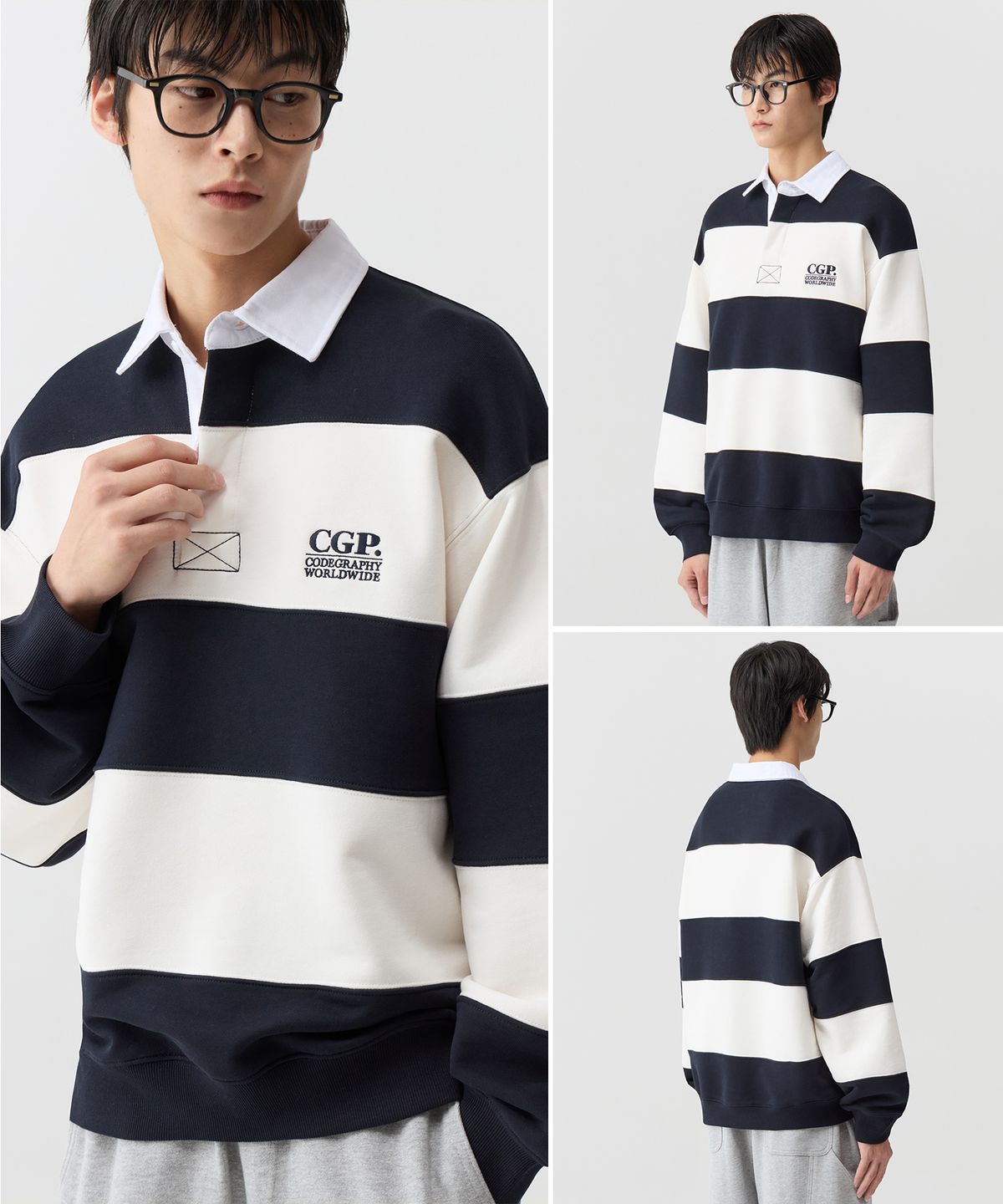 코드그라피(CGP) CGP 스몰 스퀘어 로고 스트라이프 럭비 맨투맨_네이비
