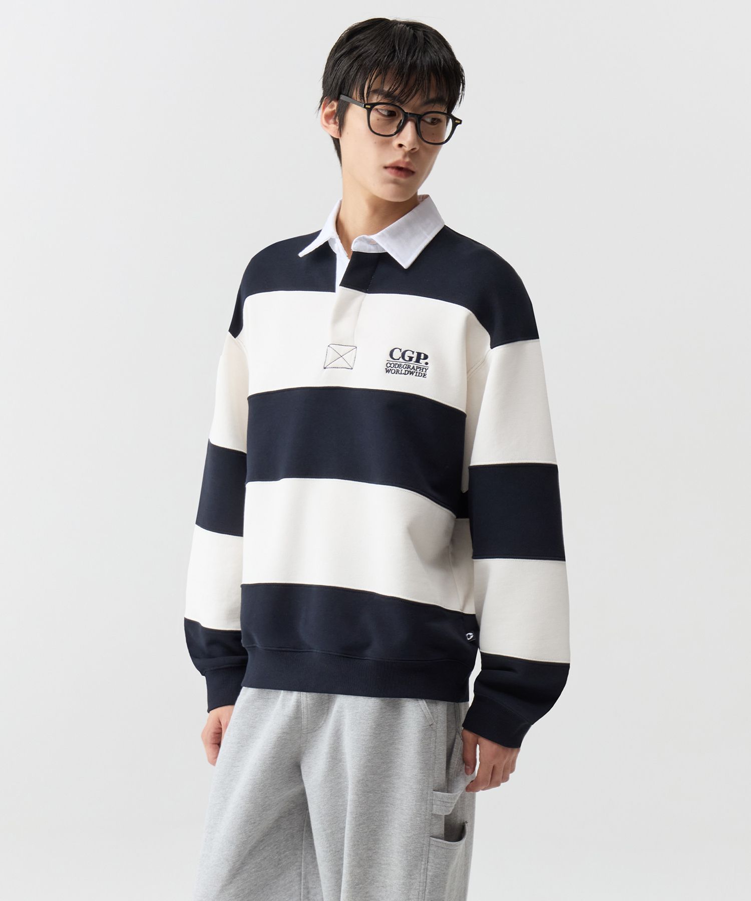 [CODEGRAPHY]★CGP Small Square Logo Stripe Rugby Sweatshirt MUSINSA | Codegraphy CGP Small Square Logo Stripe Rugby Man