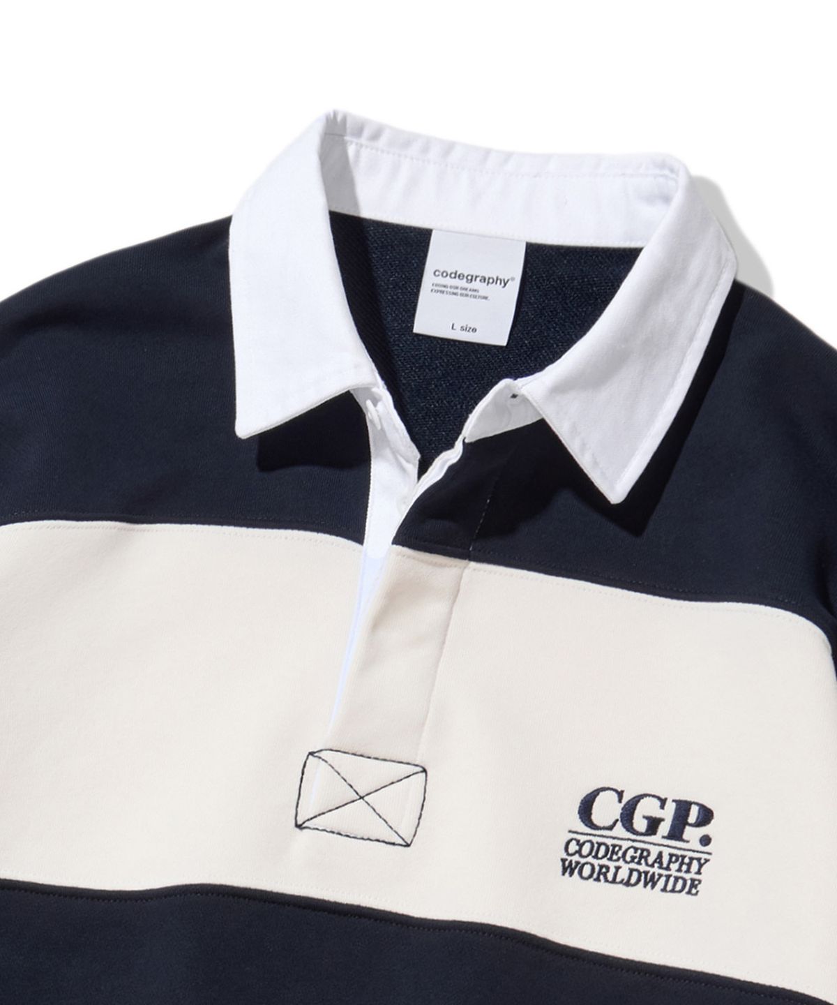 코드그라피(CGP) CGP 스몰 스퀘어 로고 스트라이프 럭비 맨투맨_네이비