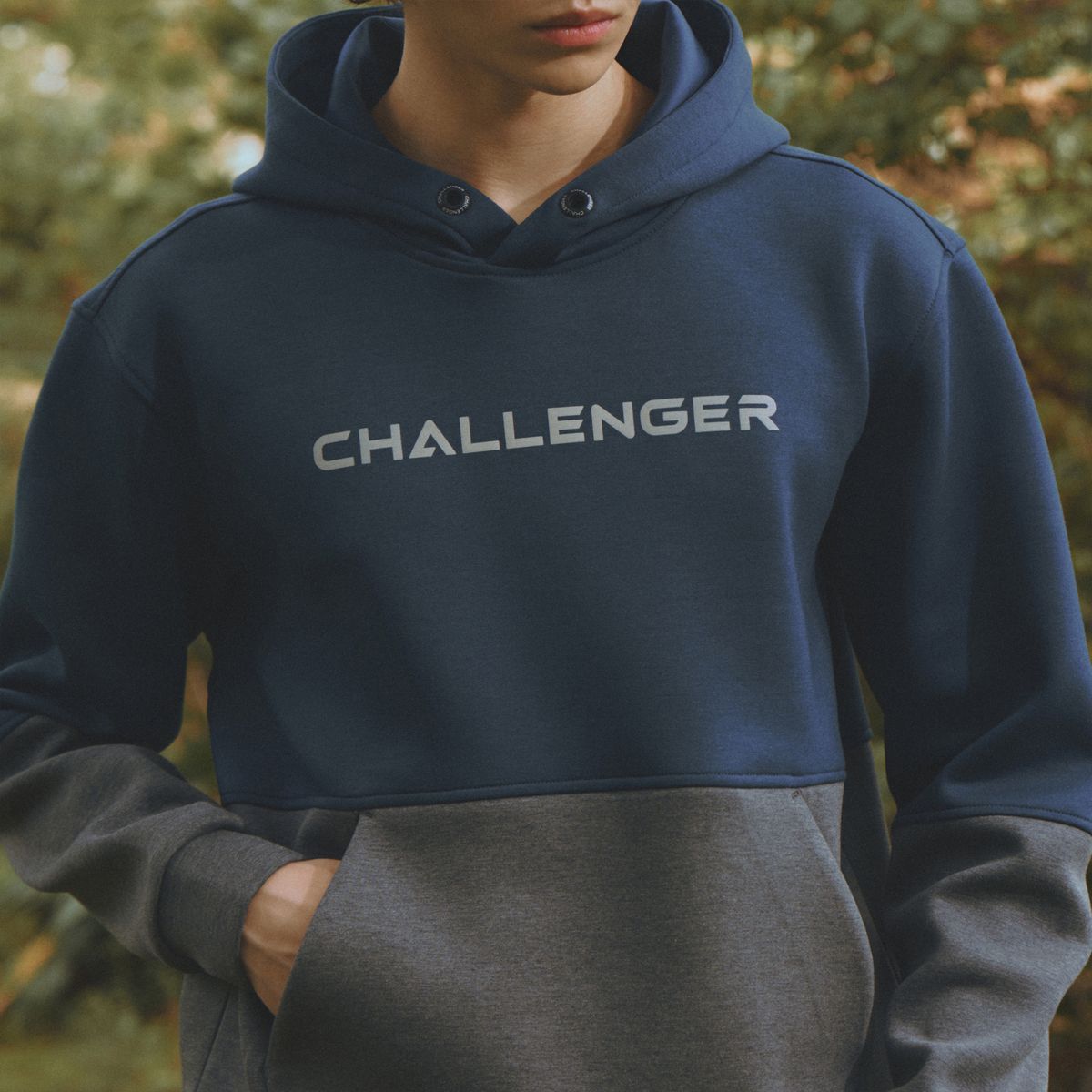 챌린저(CHALLENGER) 남성 컬러블럭 믹스매치 긴팔 후디 티셔츠 다크블루