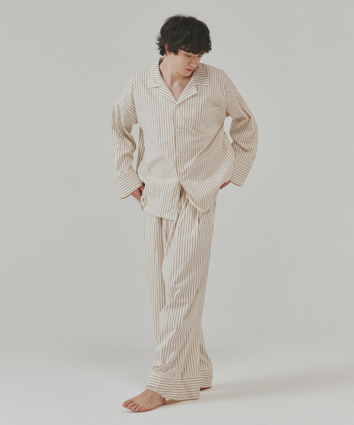 오끼뜨(OGGITT) (uni)도미토리 빈 스트라이프 파자마 브라운아이보리