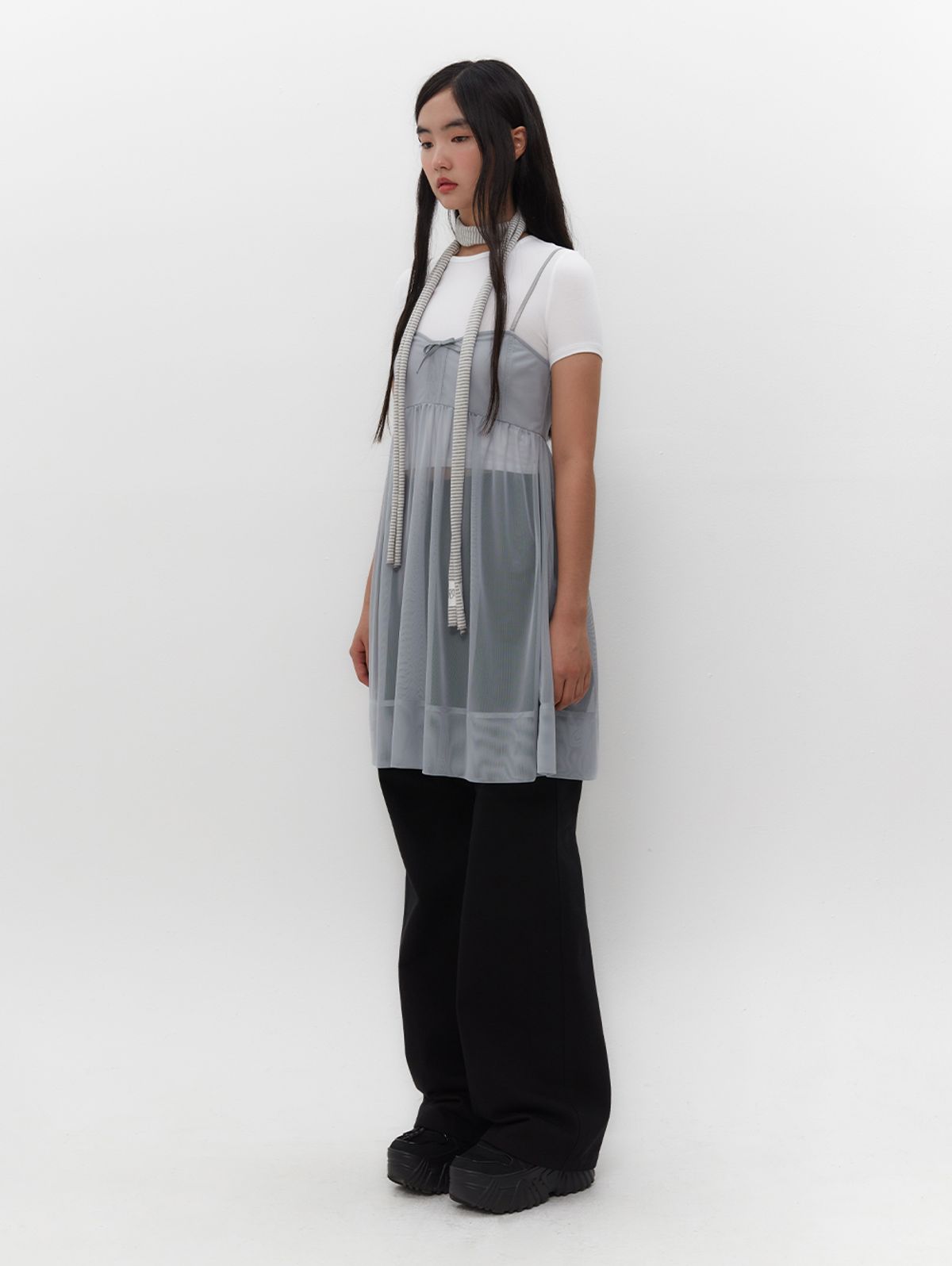 뚜오미오(TUOMIO) RIBBON MINI MESH DRESS [BABY BLUE]