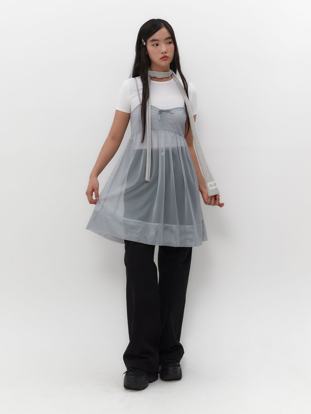 뚜오미오(TUOMIO) RIBBON MINI MESH DRESS [BABY BLUE]