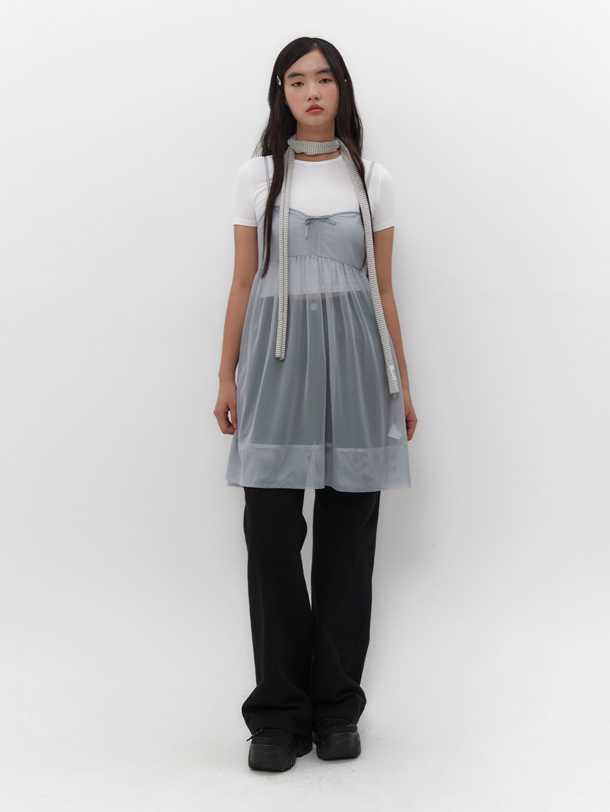 뚜오미오(TUOMIO) RIBBON MINI MESH DRESS [BABY BLUE]